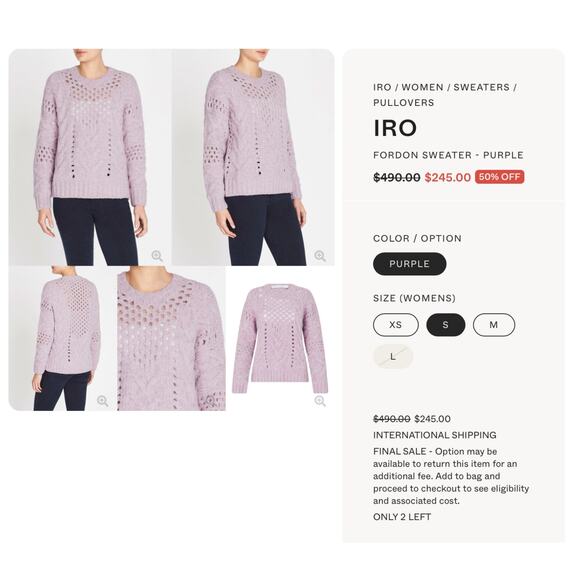 IRO Fordon Oversized Chunky Open Cableknit Lavender Wool Blend Sweater XS - Picture 5 of 11